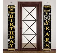 POPOYU Bannière Deco Joyeux 50 Ans Anniversaire Hommes Femmes,Noir Or Decoration Anniversaire 50 Ans Maison,Fournitures de Fête Anniversaire 50 Anniversaire Porte Signe Bannière(30x500cm,2PCS)