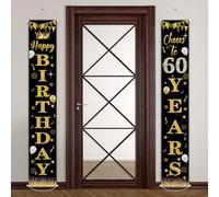 POPOYU Bannière Deco Joyeux 60 Ans Anniversaire Hommes Femmes,Noir Or Decoration Anniversaire 60 Ans Maison,Fournitures de Fête Anniversaire 60 Anniversaire Porte Signe Bannière(30x600cm,2PCS)