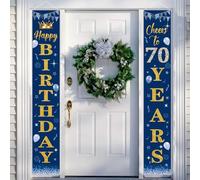 POPOYU Bannière Deco Joyeux 70 Ans Anniversaire Hommes Femmes,Or Bleu Decoration Anniversaire 70 Ans Maison,Fournitures de Fête Anniversaire 70 Anniversaire Porte Signe Bannière(30x700cm,2PCS)