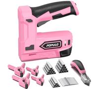 POPULO Agrafeuse électrique 2-en-1 sans fil 4 V lithium-ion avec charge USB-C - inclut arrache-clou, agrafes et clous pour tapisserie, clips, réparation de meubles, moquette et bricolage maison, rose