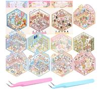 Poraceous 12 Sets Autocollants De ScèNe, 3D Stickers Scene, 3D House Stickers, Diy Adorables Autocollants 3d Pour, DIY Amusants House Stickerss, Avec 2 Pincette, pour Adultes, Enfants