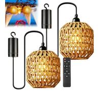 PORFOYO 2 Pièces Lampe Suspendue sur Batterie Rotin Boho Suspension sans Alimentation Électrique avec Télécommande Lumière Décorative Intérieur Extérieur Jardin Terrasse
