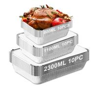 PORFOYO 30pcs Barquette Aluminium avec Couvercle, Plat de Cuisson Grillage en Aluminium, 2300ml, 1100ml et 800ml