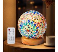 PORFOYO Lampe en Mosaïque, Lampe de Table par USB, Lampe Marocaine avec Base en Bois, Lampes De Chevet de Style Bohème, Lumière Mosaïque pour Chambre à Coucher et Salon