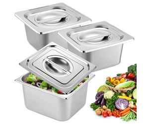 PORFOYO Lot De 3 Bac De Cuisson En Inox 1/6 Bac Inox 17,6x16,2x10cm Bols À Paner Avec Couvercle, Plat Rectangulaire Ensemble De Récipients En Acier Inoxydable Récipient Gastronorme Pour Nourriture