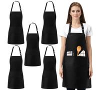 PORFOYO Lot de 5 tabliers noirs pour homme et femme - Tablier de cuisine avec 2 poches - Pour la cuisine, le jardinage, le restaurant, le café
