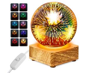 PORFOYO Veilleuse boule de cristal 3D, 9 cm, avec base en bois, lampe boule en verre avec socle en bois, cadeaux pour femmes, maman, enfants, petite amie
