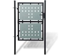 Portail de jardin noir à porte simple 100 x 125 cm en acier | Tôle galvanisée, motif perforé décoratif, protection contre la rouille, deux poteaux, serrure avec 3 clés