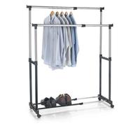Portant à vêtements CASA en métal chromé et noir, penderie double sur roulettes avec 2 barres hauteur et longueur réglables