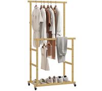 Portant à vêtements - HOMCOM - roulettes - double barre et étagère inférieure - bambou - 80x40x160cm - bois naturel