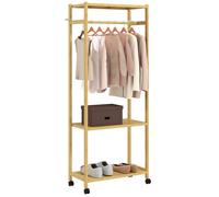 Portant à vêtements - HOMCOM - sur roulettes - 2 étagères rangement et tringle suspendue - bambou - 70x35x175cm - naturel