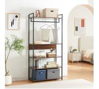 [en.casa] Portant à Vêtements avec 4 Surfaces de Rangement Portemanteau avec Barre de Penderie Dressing Ouvert Syle Industriel Métal MDF 180 x 84 x 40 cm Noir Effet Noyer