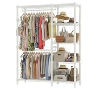 Portant à Vêtements Ouvert avec 5 Étagères, Porte-Manteaux à Double Tringle,1 Crochet,Hauteur Réglable,Structure en Métal Robuste Penderie Industrielle pour Chambre, Salon, Couloir 114*44*195 cm Blanc
