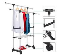 Portant à vêtements,Penderie métallique,Double Barres Extensibles,Hauteur réglable,Acier inoxydable - universel HB044 -SUR