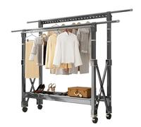 Portant à vêtements pliable avec double tringle, hauteur réglable avec 4 niveaux, design peu encombrant pour l'intérieur et l'extérieur