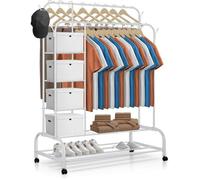 Portant à Vêtements Solide à Roulettes avec 4 Étagères Penderie Vetement Dressing sur Pieds Charge Avec Roulettes Blanc.
