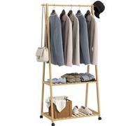 HomCom Portant à vêtements en bambou sur roulettes, 2 étagères, 2 crochets, bois naturel