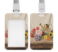 Porte-badge à fleurs colorées de la ferme avec lanière - Porte-carte d'identité tendance - Fenêtre verticale - Étui de protection en plastique pour infirmière, enseignante, travailleur, bureau