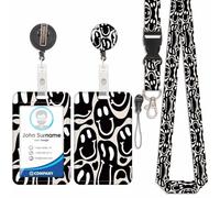 Porte Badge avec Cordon Tour De Cou avec Porte-Cartes, Porte Carte avec Enrouleurs de Badge Rétractable, Swivel Lobster Clasp, Détachable Lanyard, pour porte badges d'Identification (Smiley-Noir-1)