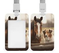 Porte-badge coulissant avec lanière - Porte-carte d'identité avec motif chien et cheval - Protecteur de carte avec fenêtre transparente pour étiquette d'identité, pour le travail, le bureau, les