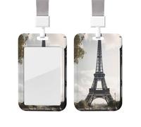 Porte-badge coulissant avec lanière - Porte-carte d'identité vertical en plastique avec étiquette nominative Paris Tour Eiffel - Pochette de protection avec fenêtre transparente pour infirmière
