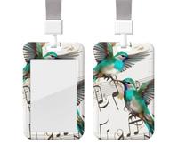 Porte-badge coulissant avec lanière - Porte-carte d'identité vertical en plastique avec étiquette nominative, oiseaux bleu sarcelle, note de musique, pochette de protection avec fenêtre transparente