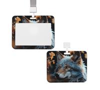 Porte-badge coulissant étanche avec étiquettes d'identification - Feuilles d'automne et loup - Pochette de protection verticale en plastique avec cordons - Joli porte-cartes pour infirmière et