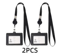 Porte Badge - Cuir Noir - 10.6x7.9cm - Cordon Rétractable - 2 pièces