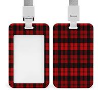 Porte-badge d'identification à carreaux rouge et noir avec cordon et clip - Porte-cartes vertical en plastique ABS rigide, porte-nom tendance pour bureau, entreprise et travail quotidien