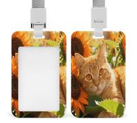 Porte-badge en forme de chat doré avec motif tournesol - Étanche - Verticale - Étui de protection amovible - Pour enseignant, infirmière, médecin