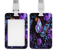 Porte-badge en plastique ABS rigide avec motif papillon et fleurs violets avec lanière et clip - Porte-nom vertical tendance pour bureau, entreprise et travail quotidien