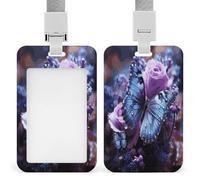 Porte-badge en plastique imperméable avec cordon vertical et fenêtre transparente pour homme et femme Motif rose violette avec beau papillon