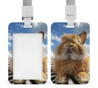 Porte-badge en plastique pour carte d'identité vertical avec lanière - Lapin ferme les yeux - Porte-badge pour cartes de nom, cartes de clés, badges de travail - Pour infirmière, enseignante, bureau