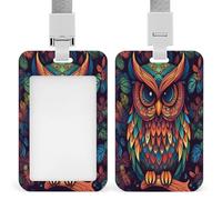 Porte-badge vertical en plastique avec motif hibou coloré avec lanière - Pochette de protection avec fenêtre transparente et clips amovibles pour étiquette de nom pour infirmière, médecin, enseignant