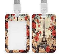 Porte-badge vintage à motif floral Paris avec lanière verticale en plastique pour cartes, pochette de protection avec fenêtre transparente et clips amovibles pour étiquette nominative pour infirmière