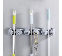 Porte Balai Mural Multifonctions, 5 Emplacements et 6 Crochets Accroche Mop Support, Support Cintre de Rangement pour Cuisine Jardin