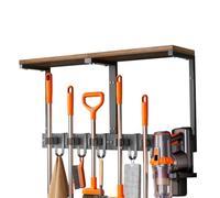 Porte-balais mural avec étagère supérieure en bois, support de rangement en métal robuste avec porte-aspirateur, 5 pinces et 5 crochets pour buanderie, garage, cuisine et cellier (grand)
