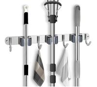 Porte Balais Mural Inoxydable Mop Support Avec 3 Clips Et 4 Crochets - Gris - Acier inoxydable 304