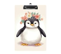 Porte-bloc en acrylique avec motif pingouin portant des fleurs, format A4, porte-bloc standard avec clip profilé en métal, support de fichier suspendu pour enseignant, travailleur social, fournitures