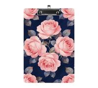 Porte-bloc en acrylique bleu marine avec rose - Format A4 - Porte-bloc standard avec clip profilé en métal - Porte-documents à suspendre pour enseignant, travailleur social, fournitures de bureau