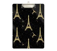 Porte-bloc en acrylique noir avec motif Tour de Paris doré - Porte-bloc portable A4 de taille standard - Avec clip en métal discret pour enseignants, étudiants, infirmières