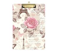 Porte-bloc en acrylique romantique Paris rose beige mignon pour étudiants, femmes, homme, taille lettre, porte-bloc à pince à pince à pince à clip doré rétractable