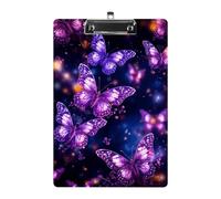 Porte-bloc en acrylique violet avec imprimé papillon mignon format A4 - Porte-bloc standard avec clip en métal - Porte-documents suspendu pour enseignant, travailleur social, fournitures de bureau
