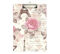 Porte-bloc romantique Paris rose beige mignon pour homme et femme - Fournitures de bureau - Joli porte-bloc décoratif - Format lettre - Profil bas - Clip argenté - Languette de suspension rétractable