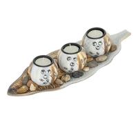 Porte-bougies Lot, 3 Bougeoirs Rond Pour Bougies Chauffe-plat, Plateau Forme Feuille, Pierres, Marron-blanc - Relaxdays