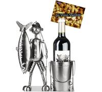 BRUBAKER Porte-Bouteilles à Vin Grande Prise - 30 cm Cadeau Vin Pêche | Pêcheur avec Poisson, Canne à pêche et Seau - Porte-Bouteilles en Métal Pêche - Porte-Bouteilles Décoration