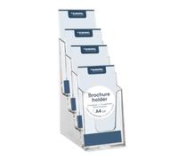 Porte-brochures 4 compartiments 1/3 A4 DL, polystyrène transparent, mural | Pose sur comptoir possible, 115 x 250 x 155 mm, profondeur utile 25 mm par case, bords arrondis, niveaux en escalier