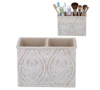 Porte Brosse à Dents Double et Pot à Pinceaux, Motif Floral, Crème | Organisateur maquillage et salle de bain 14x7,5x10 cm, relief série DAMASK, crayons ou brosses