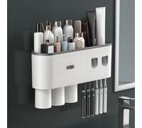 Porte-Brosse à Dents Mural, Distributeur Automatique de Dentifrice avec 3 Tasses magnétiques, 6 emplacements pour brosses, Plateau de Rangement et tiroir pour l'organisation la Salle Bain