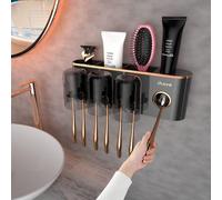 Porte-brosses à dents avec distributeur et 3 gobelets, fixation murale sans perçage, noir et or